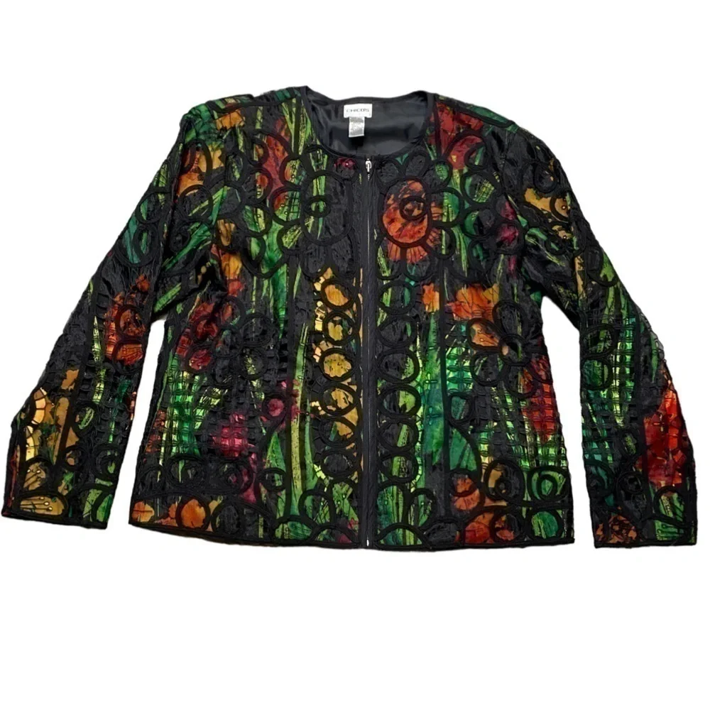 Chico's Multicolor Floral Mesh Overlay & Black Lace Appliqué Jacket - Picture 1 of 5